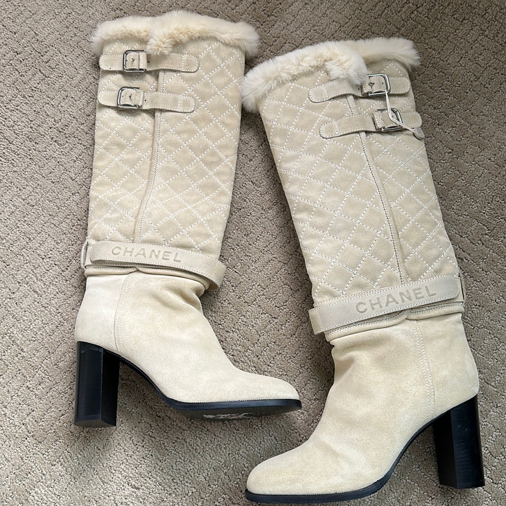 Authenticated Cream Fur Chanel Tall Heeled Boots 39C
